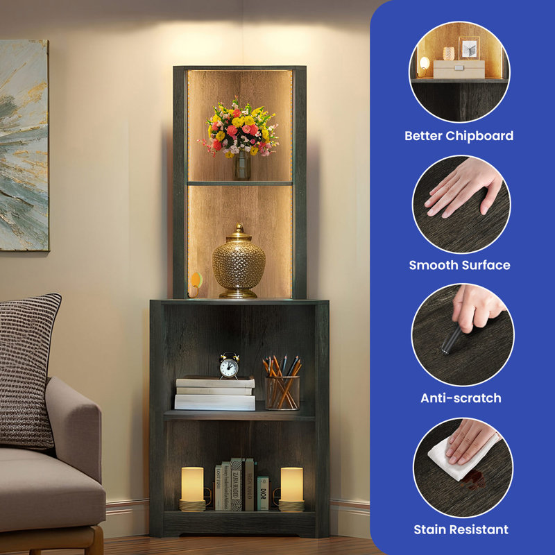 Amoya Corner Bookcase, Charcoal Gray