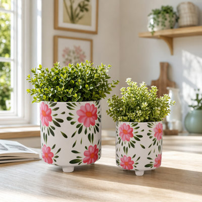 Artistic Floral Footed Ceramic Outdoor Planter For Patio Styling - Chic Indoor Flower Pots For Living Room And Home Decor - Set Of 2, 8", 6"