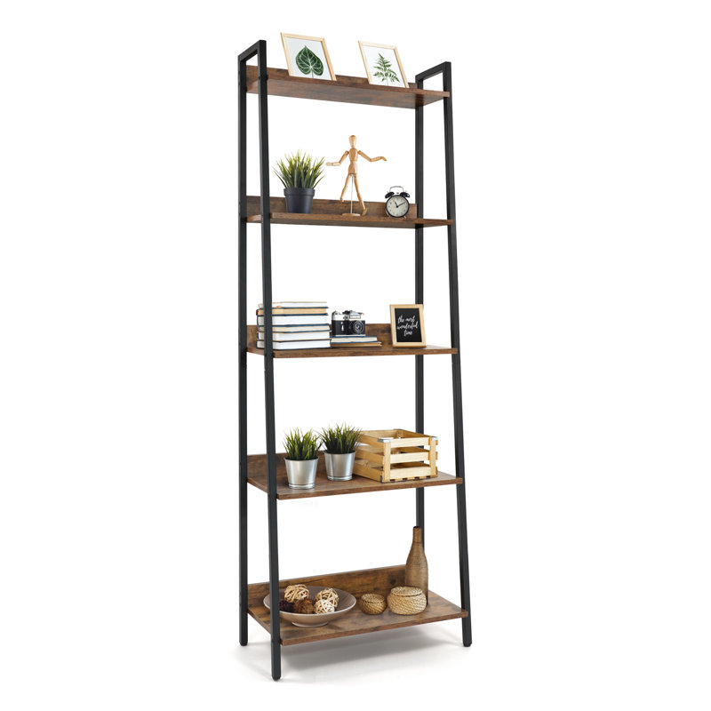 5 Tier Ladder Bookshelf, Bookcase Shelf Storage Rack Organizer, Rustic Oak, Rustic Oak/Matte Black