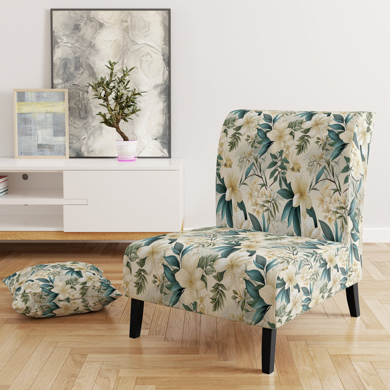 Fauteuil de chambre rembourré C, Motif tropical botaniques serein II