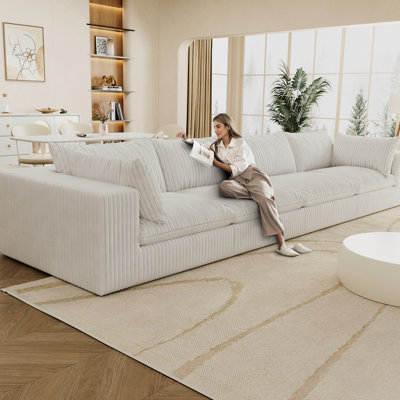 White 4 - Seat 157.6" Corduroy With Double Layer Design, Removable Cushions For Apartment Luxury Feather Filled Seats, Modular Diy, No Wooden Frame, High Density Compression Deep Couch Cushions,