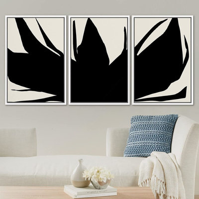 Signe, reproduction d'art sur toile encadrée, ensemble bicolore géométrique encre foncée, fleur abstraite, formes, illustrations, art moderne boho décoratif pour le salon, la chambre à coucher, le bureau - 16 po x 24 po x 3 blanc