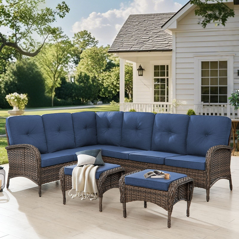 Valierius  L-Shaped Outdoor Sectional Sofa Set With Wicker Ottomans For Patios & Gardens, Blue