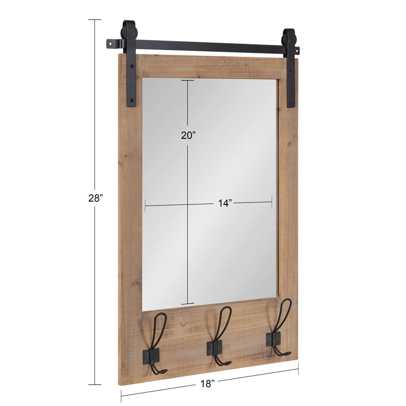 Enora Flat Mirror with Hooks, Rustic Brown