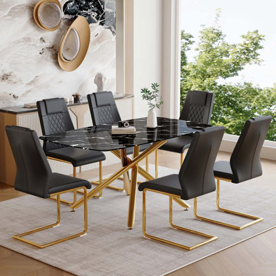 Ensemble de table et chaises de salle à manger 7 pièces avec plateau en verre trempé et chaises en polyuréthane pour la décoration intérieure