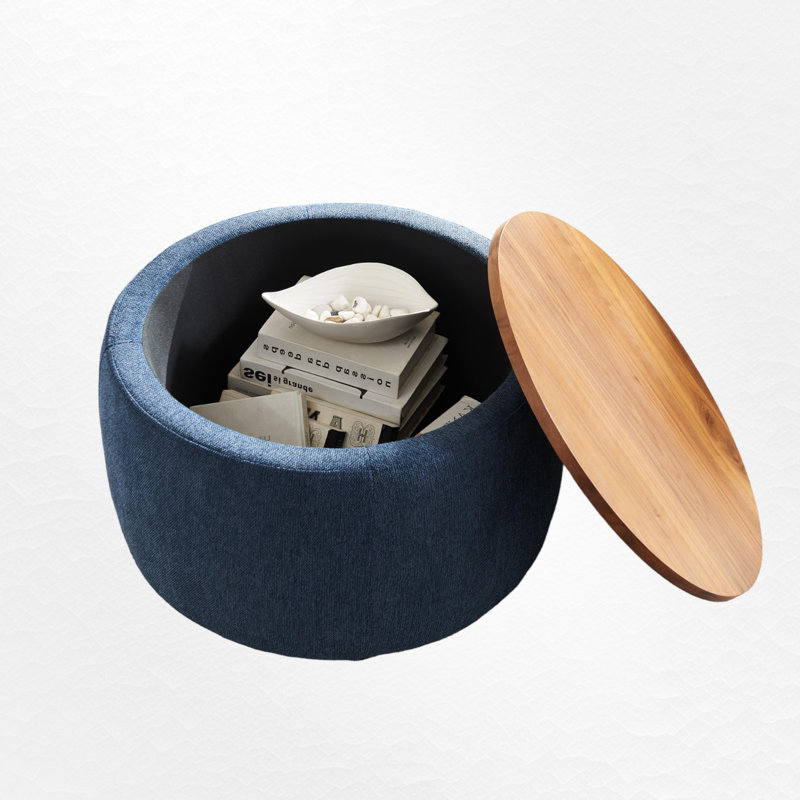 Mylo Upholstered Drum Coffee Table with Storage and Wood Top, Navy, Brown Wood