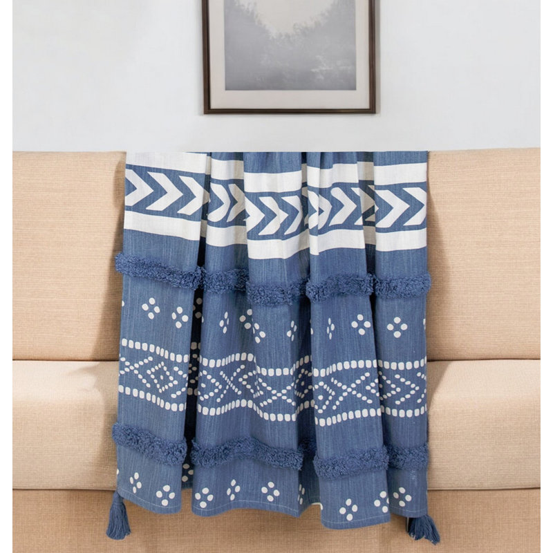 Jeté rayé en coton tissé bleu