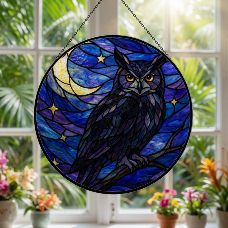Panneau de vitrail 12 "H Owl Night, H 12 po x l 12 po
