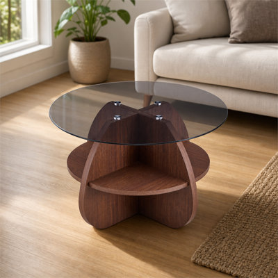 Table basse horizontale créative avec plateau en verre trempé gris et base de rangement en forme d'éventail de couleur noyer. Une table basse multifonctionnelle pour les petits salons.