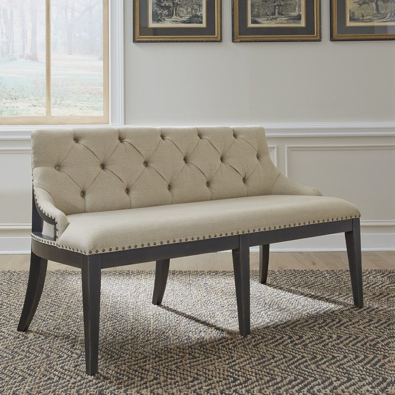 Beige and Black Upholstered Tufted Dining Bench with Nail Head Trim