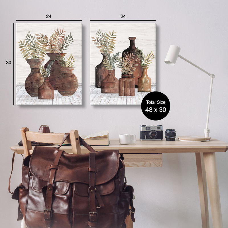 «Rustic Jars of Flowers», ensemble de 2 toiles murales par Cindy Jacobs, H 30 po x l 24 po