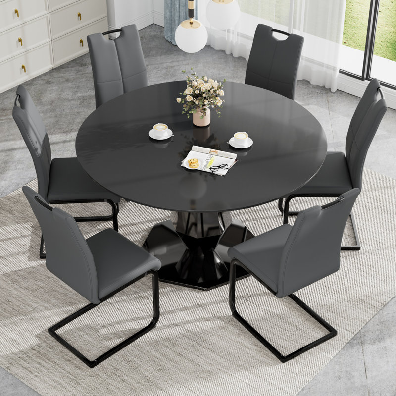 Ensemble de salle à manger rond en verre trempé, Gris foncé, Noir, noir, noir, noir