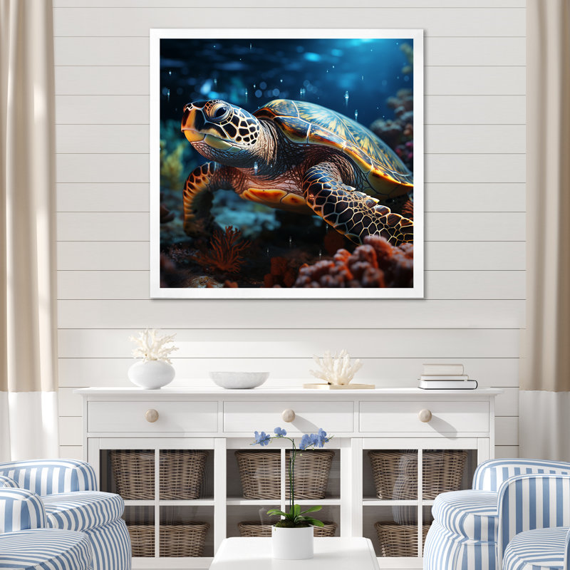 «Abstract Swim I» - Tortue, art mural sur toile, H 24 po x l 24 po x P 1 po, Cadre simple blanc