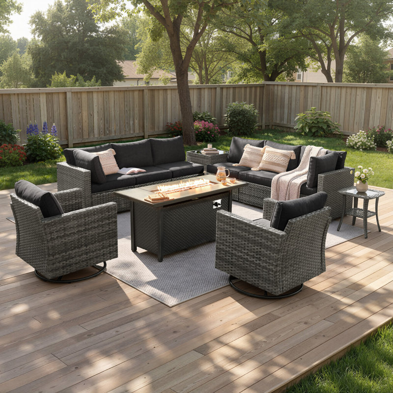 Ensemble de conversation pour patio 11 pièces avec canapé modulaire modulaire, chaises berçantes pivotantes et table foyer