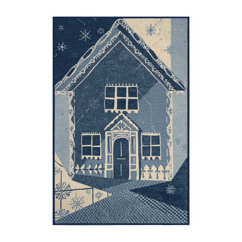 Machine Washable Tomohon Christmas Gingerbread House Modern Block Print Rug in Gray – Navy Binding, 5x8