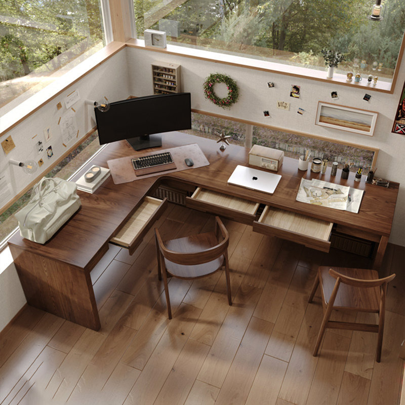 L-shaped Nordic-style Corner Solid Wood Desk, With a Separate Bookshelf, 29.53"H x 62.99"W x 21.65"D