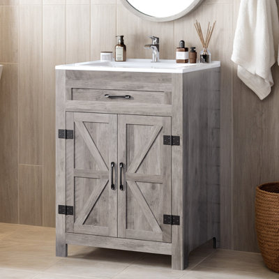 24'' Bathroom Vanity Barn Door U-Shelf With Ceramic Top Sink