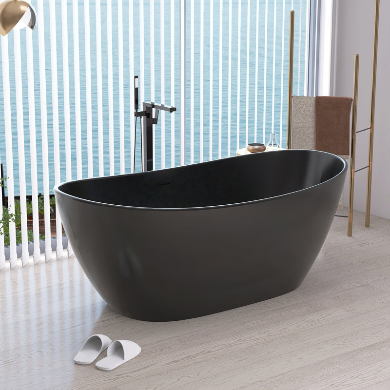 Baignoire de trempage autoportante à surface solide en pierre artificielle 65 pouces, Noir mat