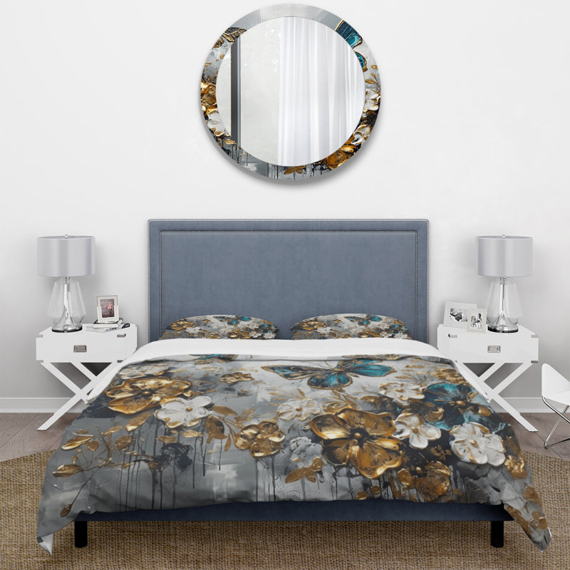 Ensemble de housse de couette en microfibre / polyester Golden Blue Butterfly Wings and Flowers V