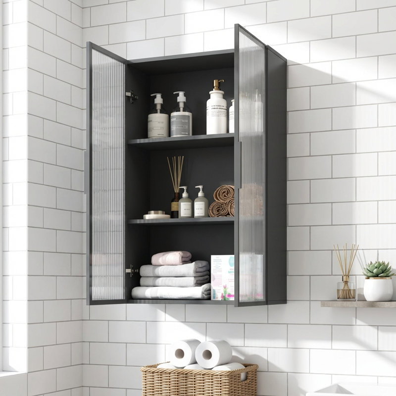Armoire de rangement murale à porte en verre pour la salle de bain, la cuisine et le salon - Design minimaliste moderne avec trois tablettes et une structure en métal
