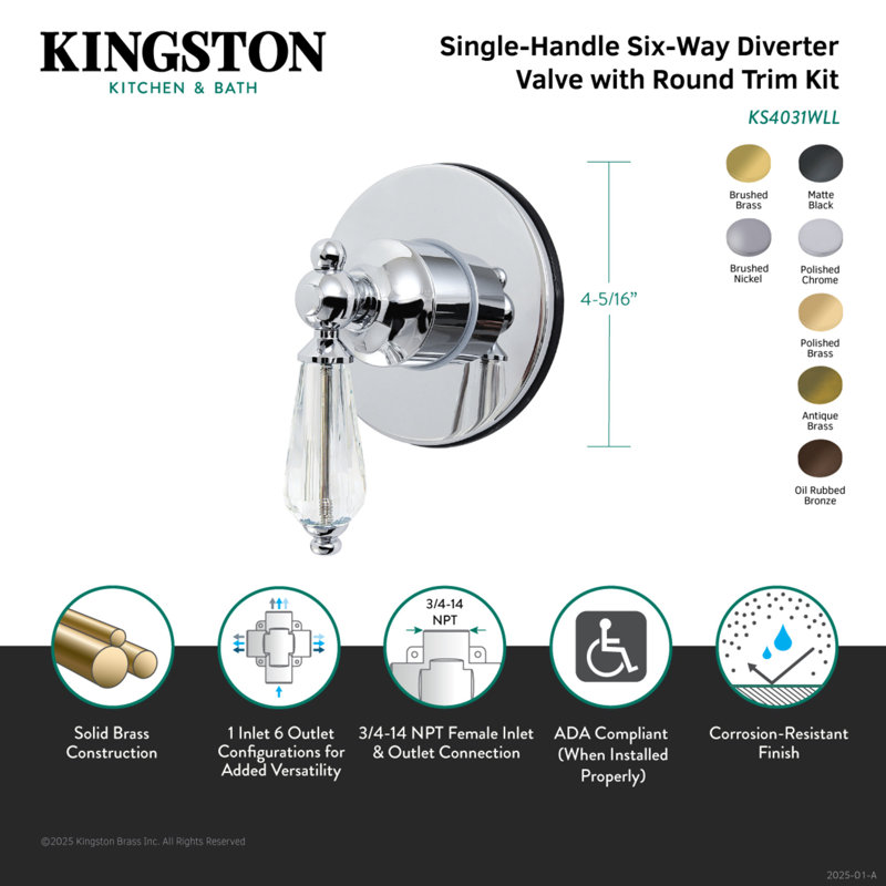 Kingston Brass Willshire Single-Handle Wall Mount Six-Way Diverter Valve with Trim Kit, Brushed Nickel