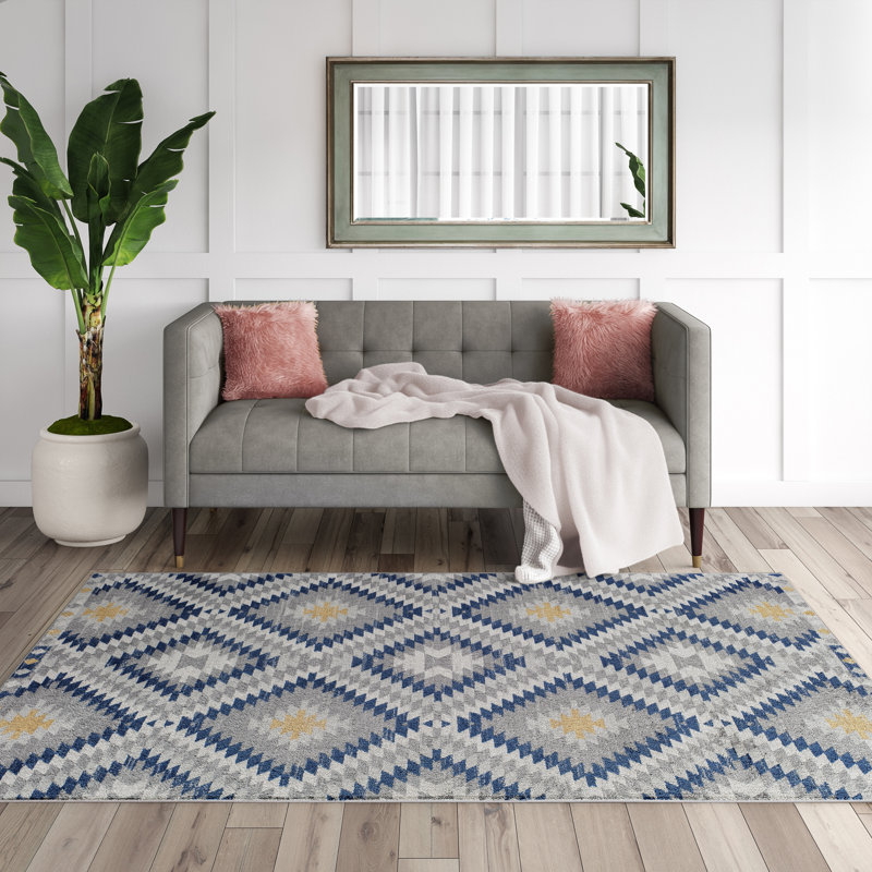 Heron Bodrum Tribal Kilim Denim Area Rug, Rectangle 5' x 7', Ivory/Navy/Orange/Silver/Gray