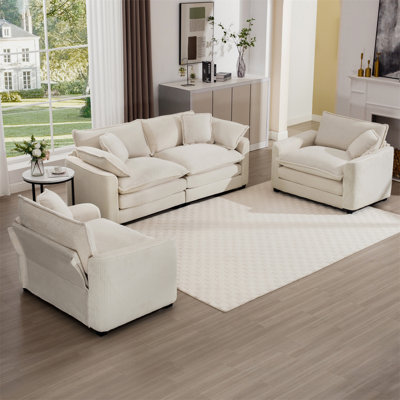 Warm And Cozy Sofa Set With Soft Cushions And Pillows, Home Theater Style Sofa Set Consisting Of One 2-Seater Sofas And Two Single Sofa In Corduroy Fa by Latitude Run
