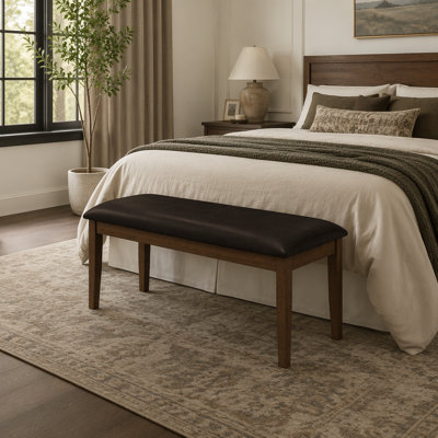 Banc transitionnel rectangulaire de 48 pouces avec revêtement en similicuir brun et structure en bois massif pour une assise polyvalente