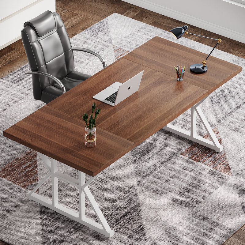 70.8 Inch Executive Desk,Thickened Frame Large Office Computer Desk, Modern And Simple Writing Desk For Home Office Workstation Business Furniture, Brown/White