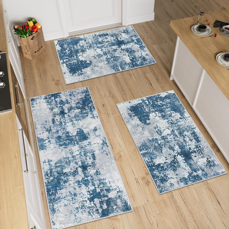 Abstract Polyester Anti-Fatigue Non-Skid Kitchen Mat, Blue/Grey