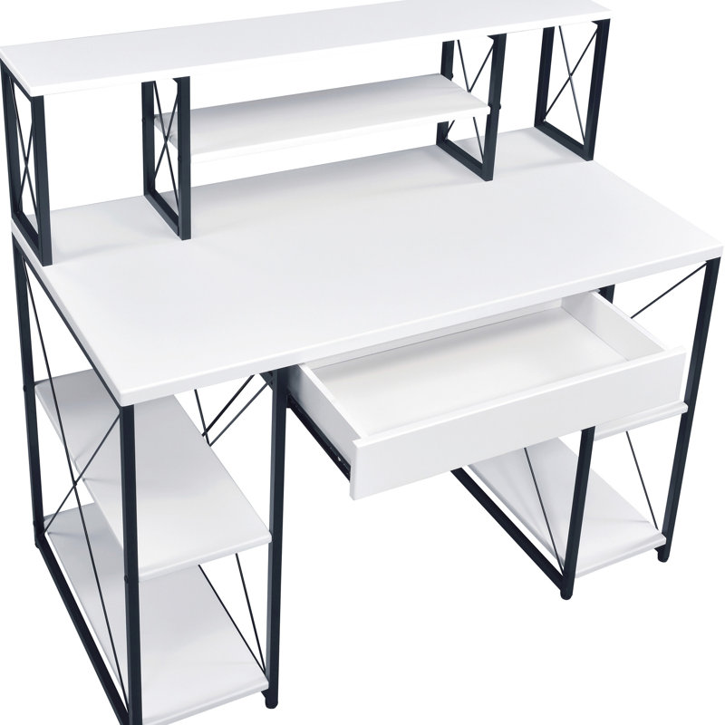 Bureau blanc et noir avec tablette et tiroir, style moderne et polyvalent.