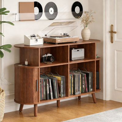 Mid Century Modern Turntable Cabinet With Vinyl Storage, Large Round Record Player Stand With Charging Station, Display Shelf And Arched Wood Design For Living Room
