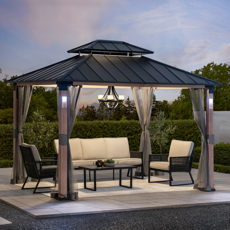 Sunjoy Hardtop Gazebo 10 x 12 ft. Outdoor Patio Gazebo with LED Lights (Batteries Operated), Remote Control and Netting