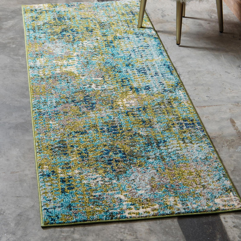 Tapis abstrait bleu / vert Hashimoto, Tapis de couloir 2 pi 2 po x 6 pi 7 po