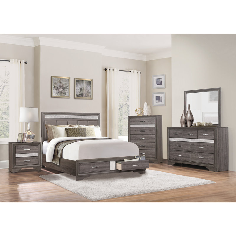 Lit plateforme tapissier avec rangement Michaela, Gris, Reine