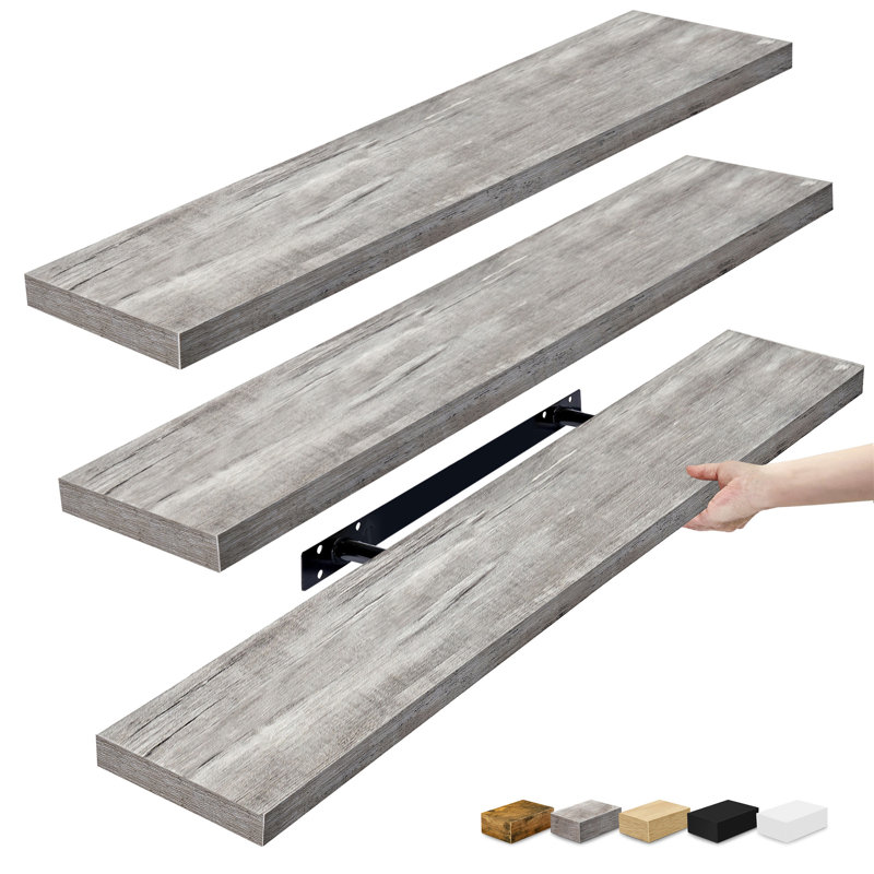 Sorbus Floating Shelves for Wall - Set of 3 Long Floating Shelves for Bedroom, Kitchen, Living Room, Bathroom Shelves, Farmhouse Home Decor - Wall Mounted Floating Shelves - Long, Gray
