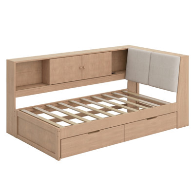 Wooden L-Shaped Daybed Corner Bed Under-Bed Drawers With Storage Bookcase And Upholstered Headboard And USB Charging Ports