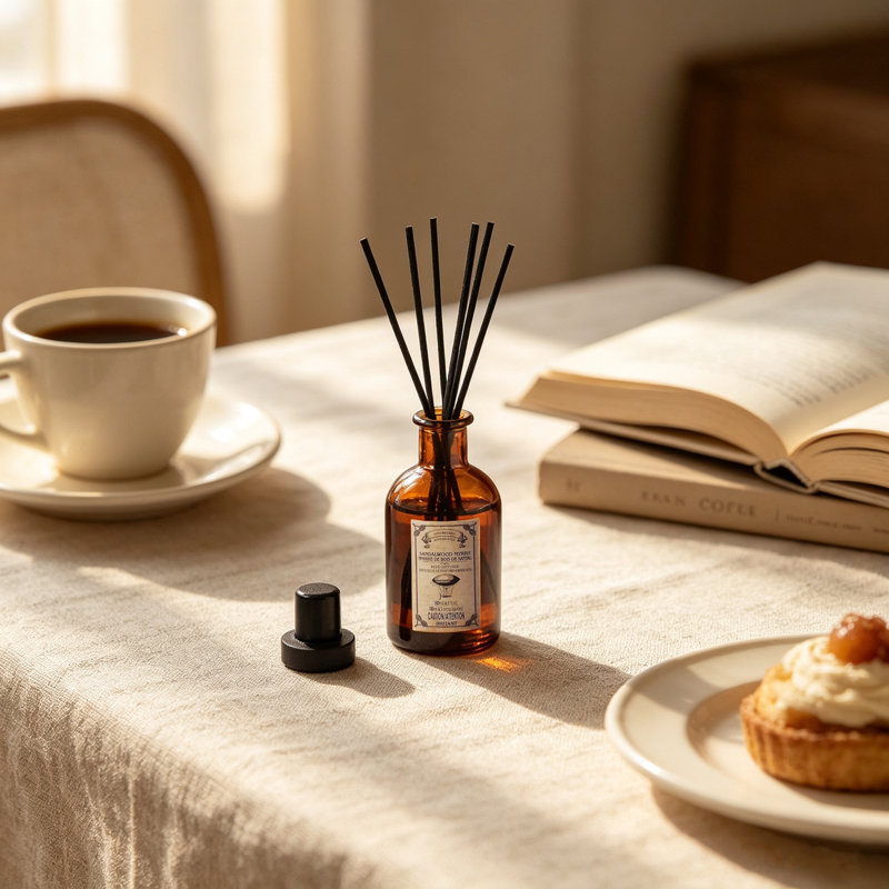 Hosley Reed Diffuser Set, 6 oz Apothecary Sandalwood Myrrh Scented Diffuser with Sticks Home Fragrance Reed Diffuser for Bathroom Shelf Decor Ideal Gift for Weddings, Spa, Reiki, Meditation