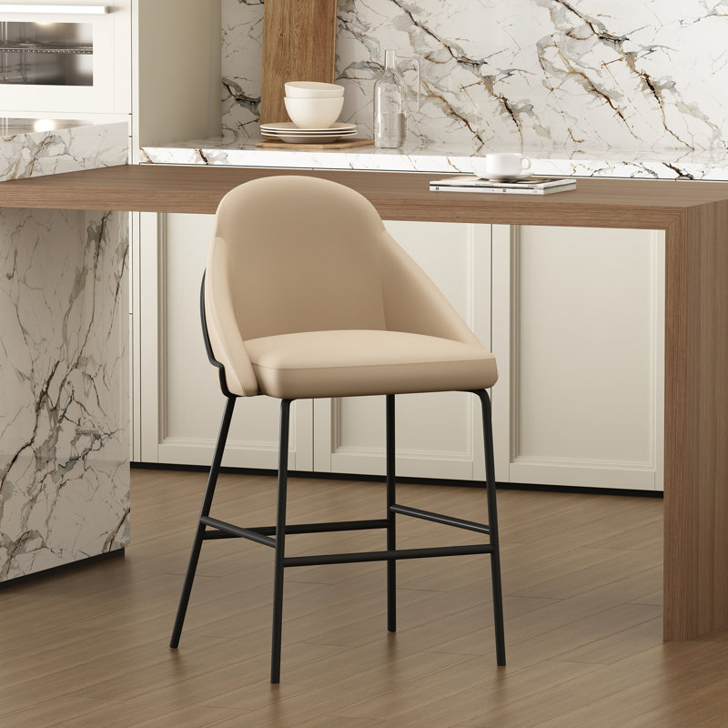 Gracie Modern Vegan Leather Upholstered Steel Counter Stool in Tan and Black, Beige Seat/Black Frame