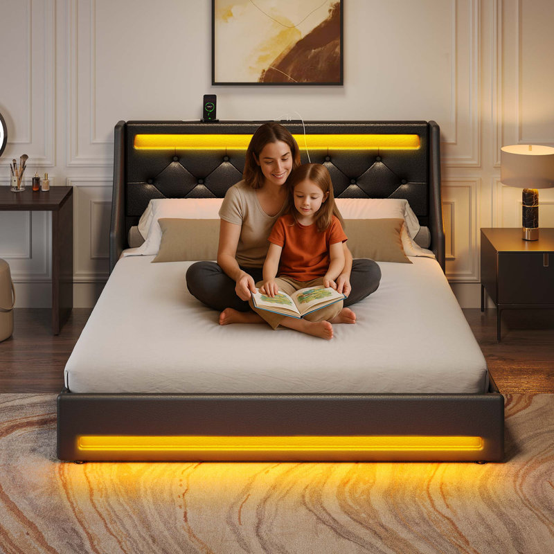 Bed Frame with LED Lights,Upholstered Wingback Storage Bed with Built-in Outlets & 4 Drawers, Black, Queen