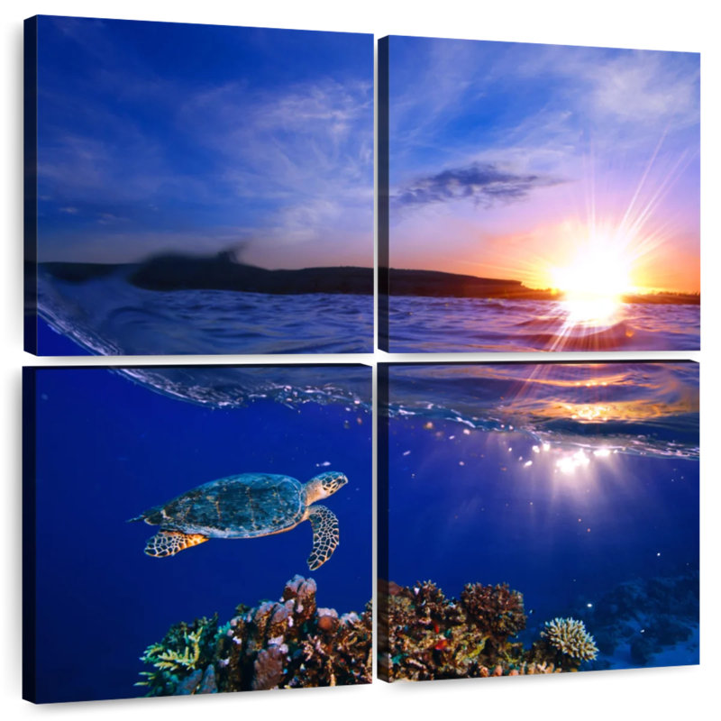 Tortue de mer au coucher du soleil, H 32 po x l 32 po