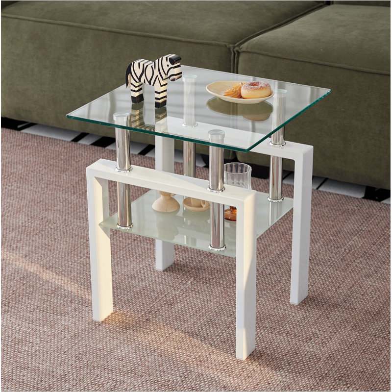 Table de bout en verre trempé blanc 2 pièces, petite table avec rangement à 2 couches, table d'appoint de salon, Blanc