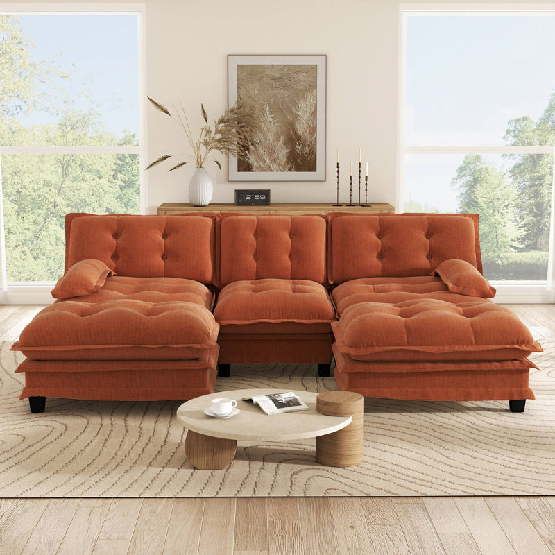 Canapé modulaire en forme de U 107 po à 3 places avec 2 repose-pieds assortis, canapé rembourré en chenille et coussins de siège en treillis