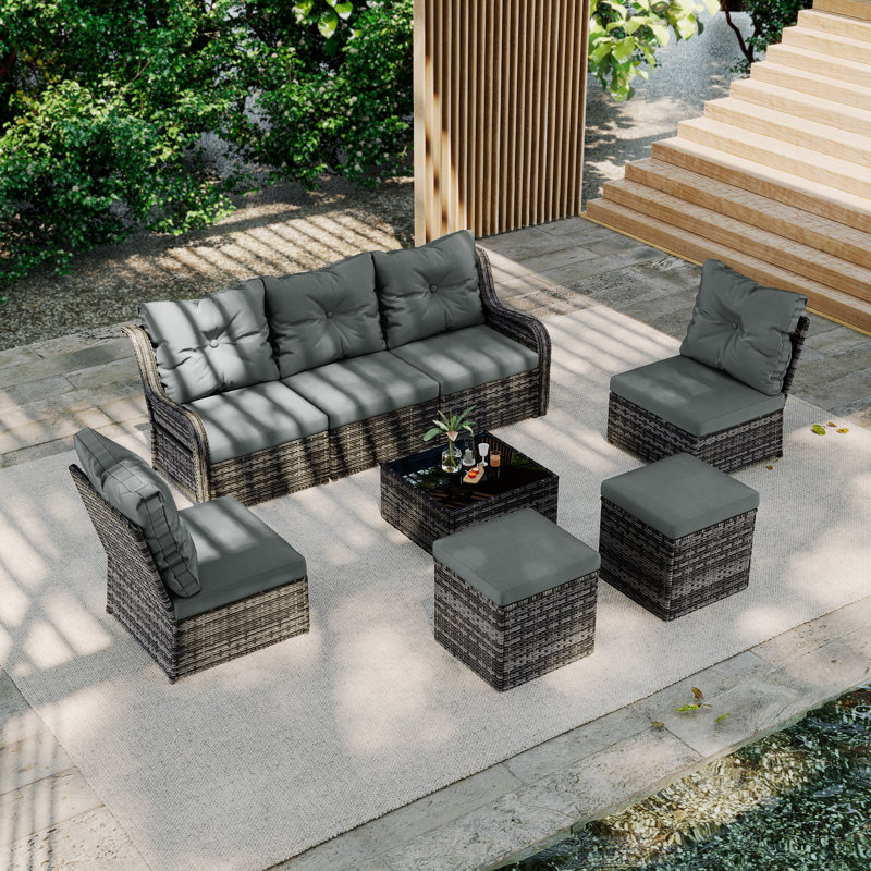 Louann Five-person Group Outdoor Wicker Set With Wicker Coffee Table And Two Ottomans, Gray, Dark Gray