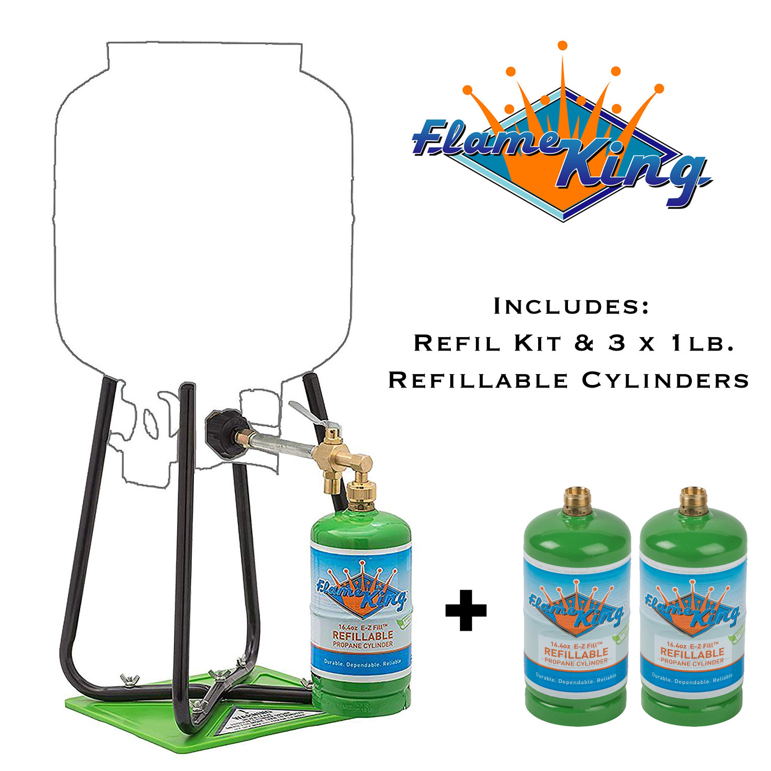 Flame King Refillable 1Lb. Empty Propane Cylinder Tank 16.4 Oz, 2 Pack -  With Refill Kit