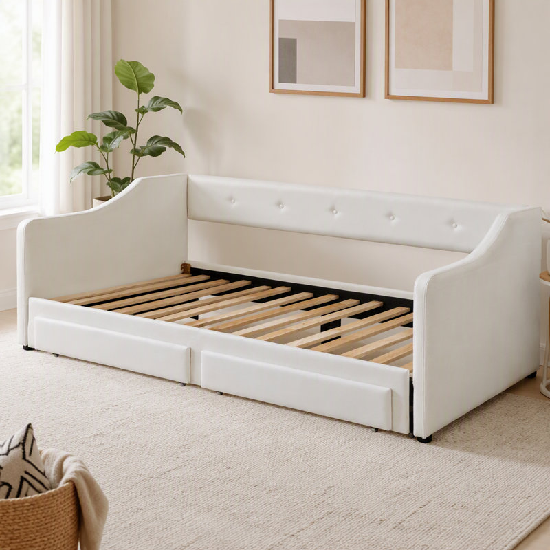 Lit de jour simple tapissier très grand avec deux tiroirs, beige
