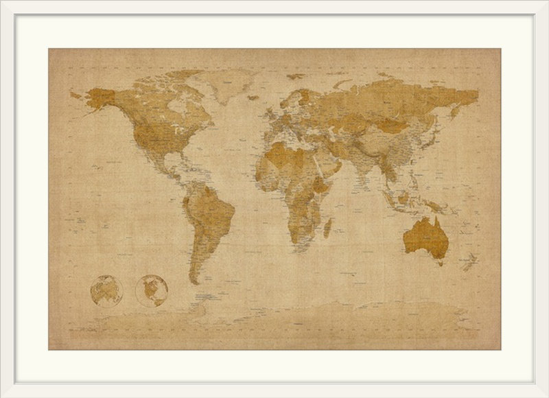 «Cartes du monde par Deschamps, impression, H 32 po x l 44 po x P 1 po, Cadre blanc