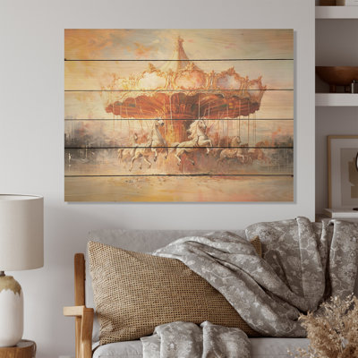 Carousel In Sunset Charm I - Carousel Wood, art mural sur bois de pin naturel