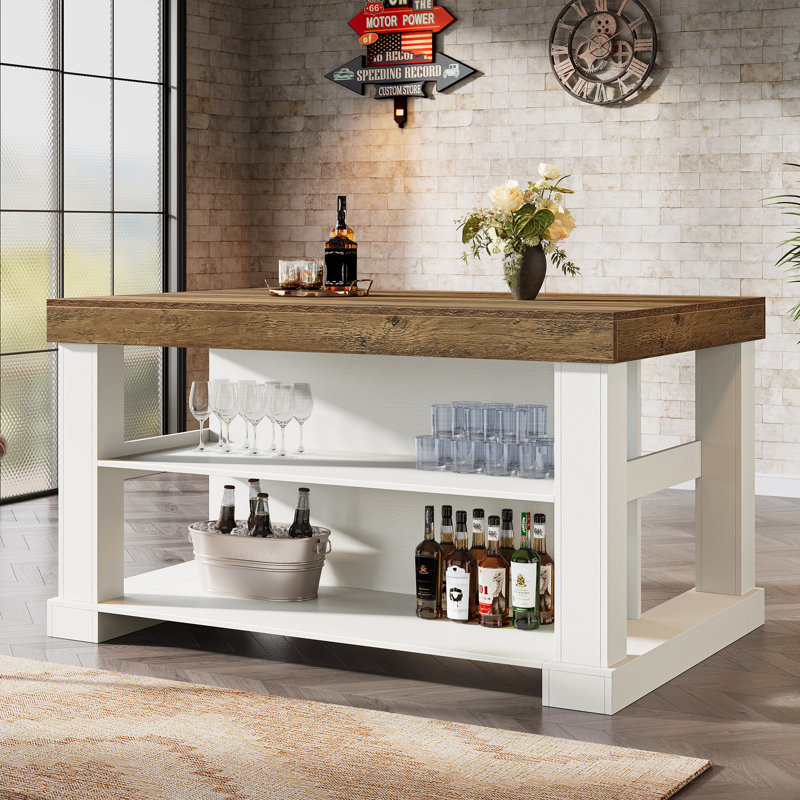 55'' Large Home Bar Unit, 3-tier Pub Table With Storage Shelves, Modern Bar Table For Kitchen, Bistro, Living Room