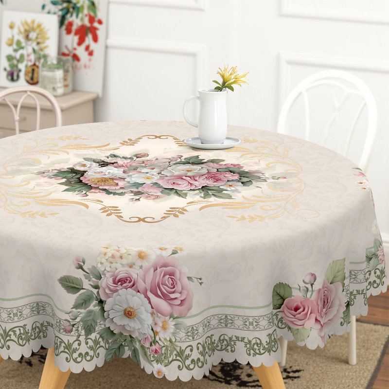 Machine-washable pink rose champagne-colored polyester tablecloth